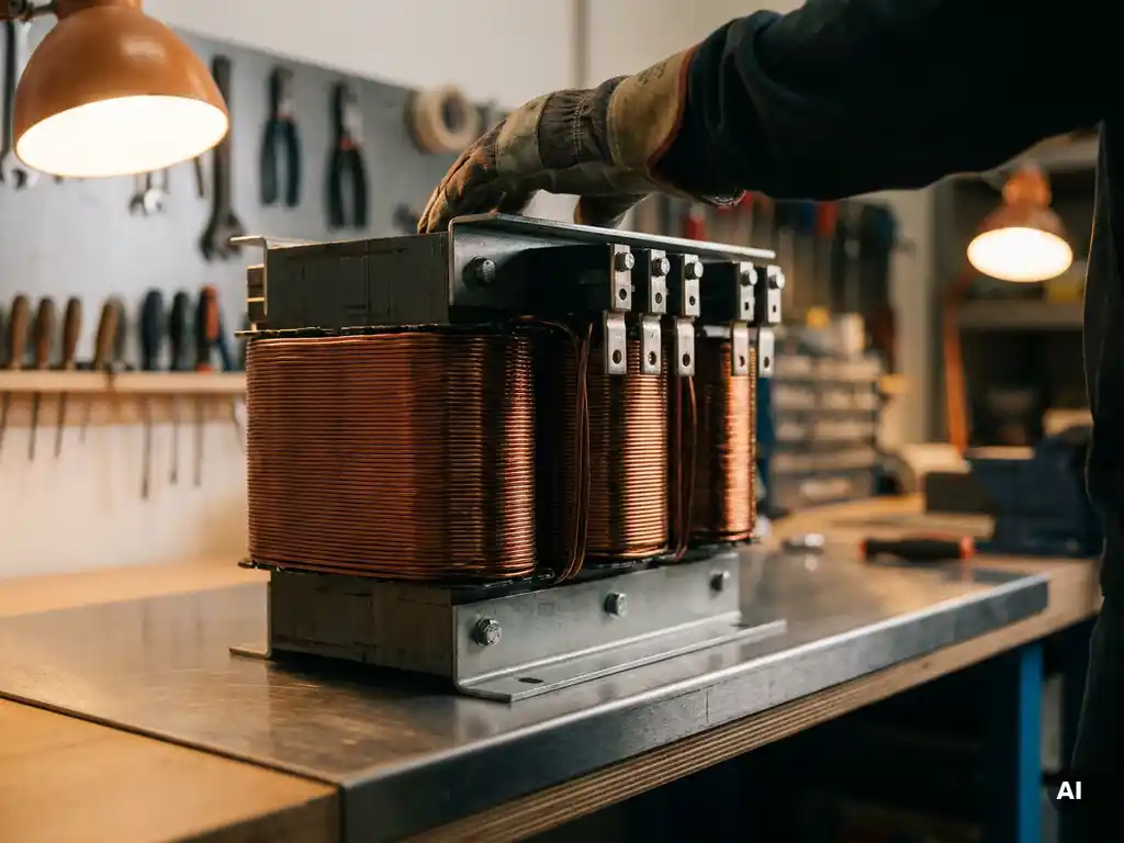 Isolatietransformator met dikke koperen wikkelingen en zware klemmen op een industriële werkbank, met een gehandschoende hand op de achtergrond.