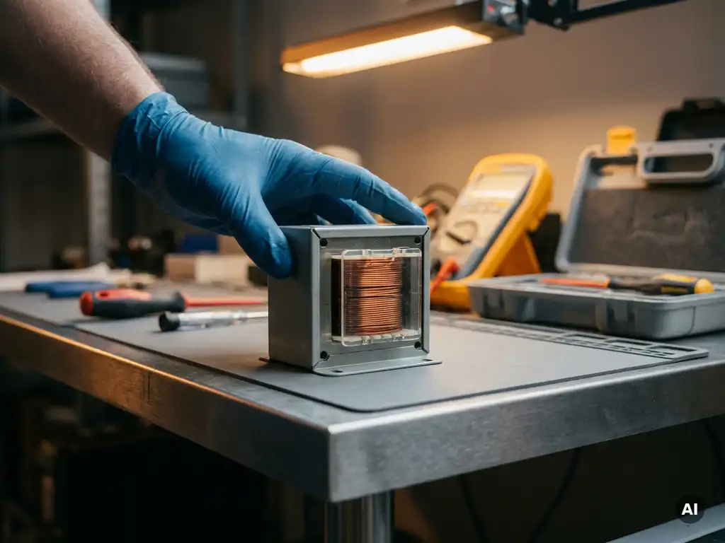 Gehandschoende hand boven een compacte isolatietransformator met zichtbare koperen wikkelingen op een industriële werkbank.