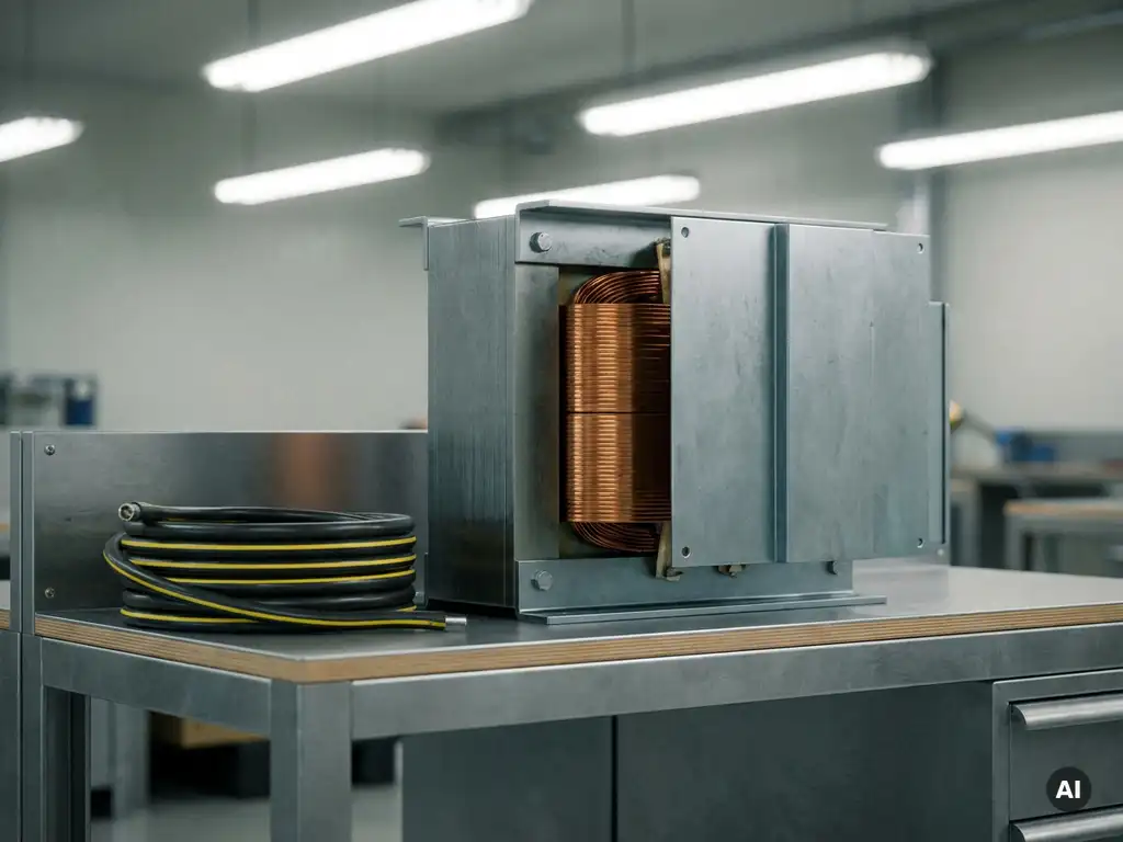 Isolatietransformator op industriële werkbank met zichtbare koperen wikkelingen en geaard elektrisch kabel.