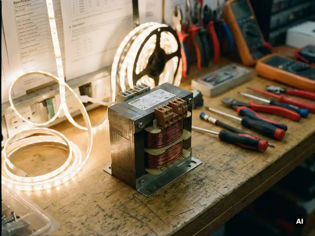 Compacte veiligheidstransformator met koperen wikkelingen en aansluitklemmen op een werkbank, warm-witte LED-strips op de achtergrond.