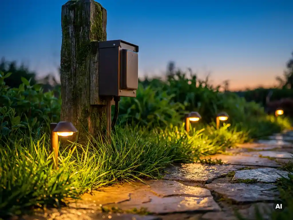 Veiligheidstransformator op verweerde houten paal met sfeervol verlichte tuinpadlampen bij schemering op natte stenen tegels.