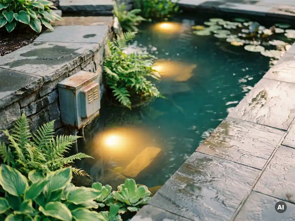 Veiligheidstransformator naast tuinvijver met ondergedompelde LED-verlichting die warm amberkleurig licht uitstraalt tussen weelderige waterplanten.