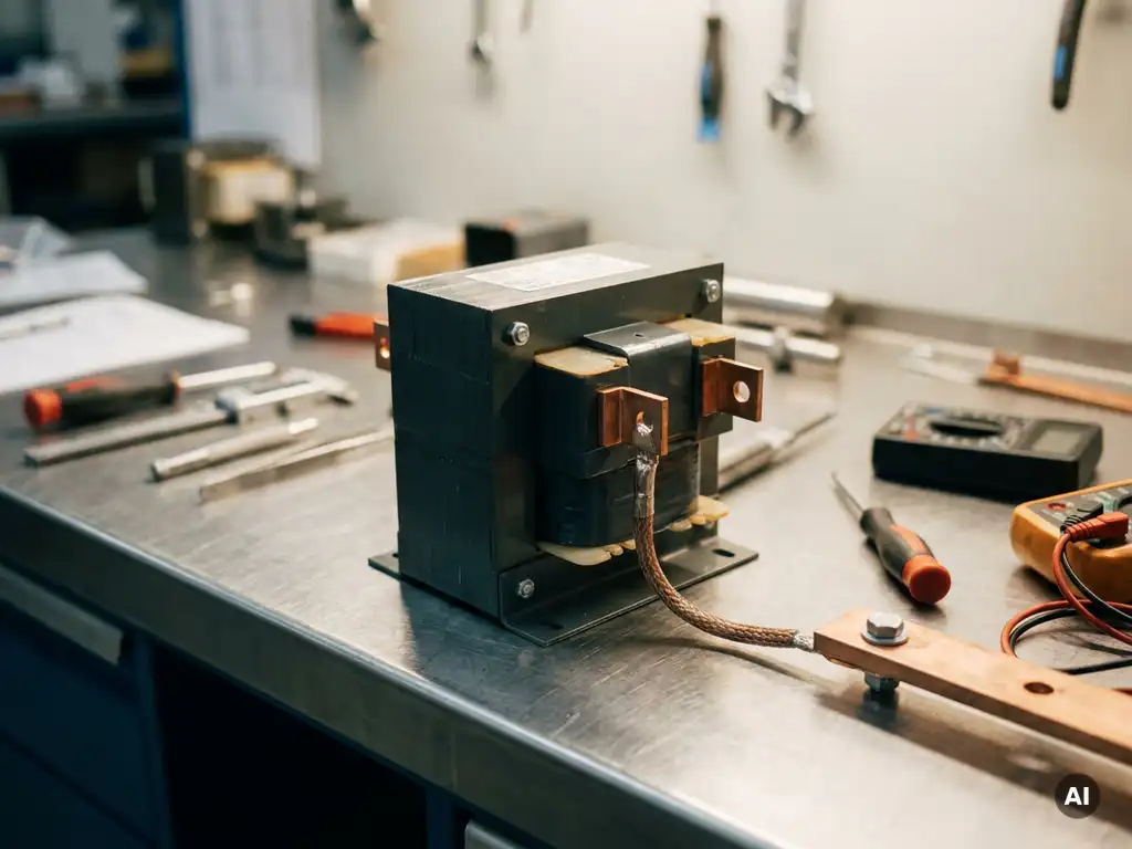 Compacte veiligheidstransformator op stalen werkbank, één secundaire klem verbonden met geaarde koperen busbar, andere klem geïsoleerd.
