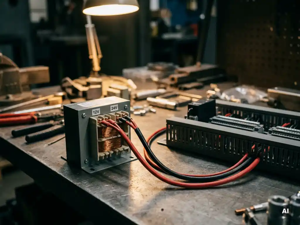 Veiligheidstransformator met koperen klemmen aangesloten op 12V en 24V uitgangen via rode en zwarte kabels op metalen werkbank.