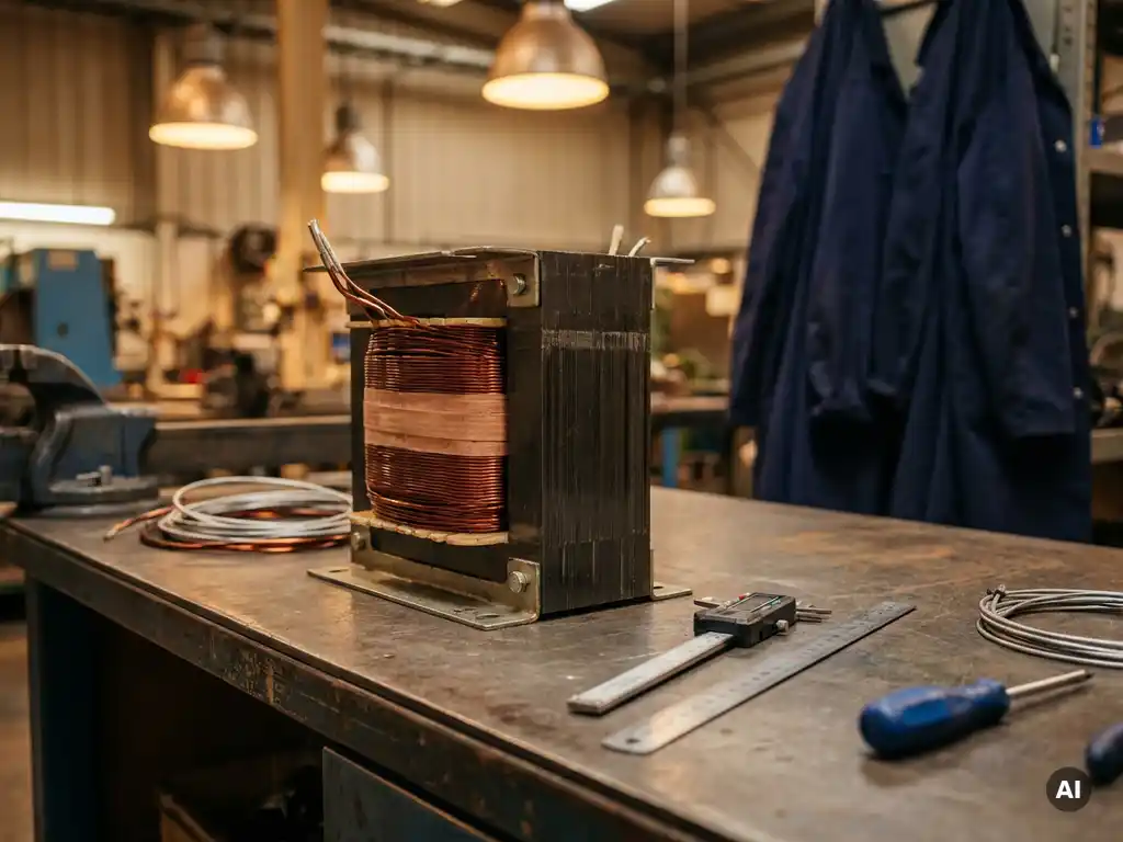 Op maat gemaakte veiligheidstransformator in aanbouw met koperen wikkelingen rond gelamineerde ijzerkern, meetgereedschap op stalen werkbank.
