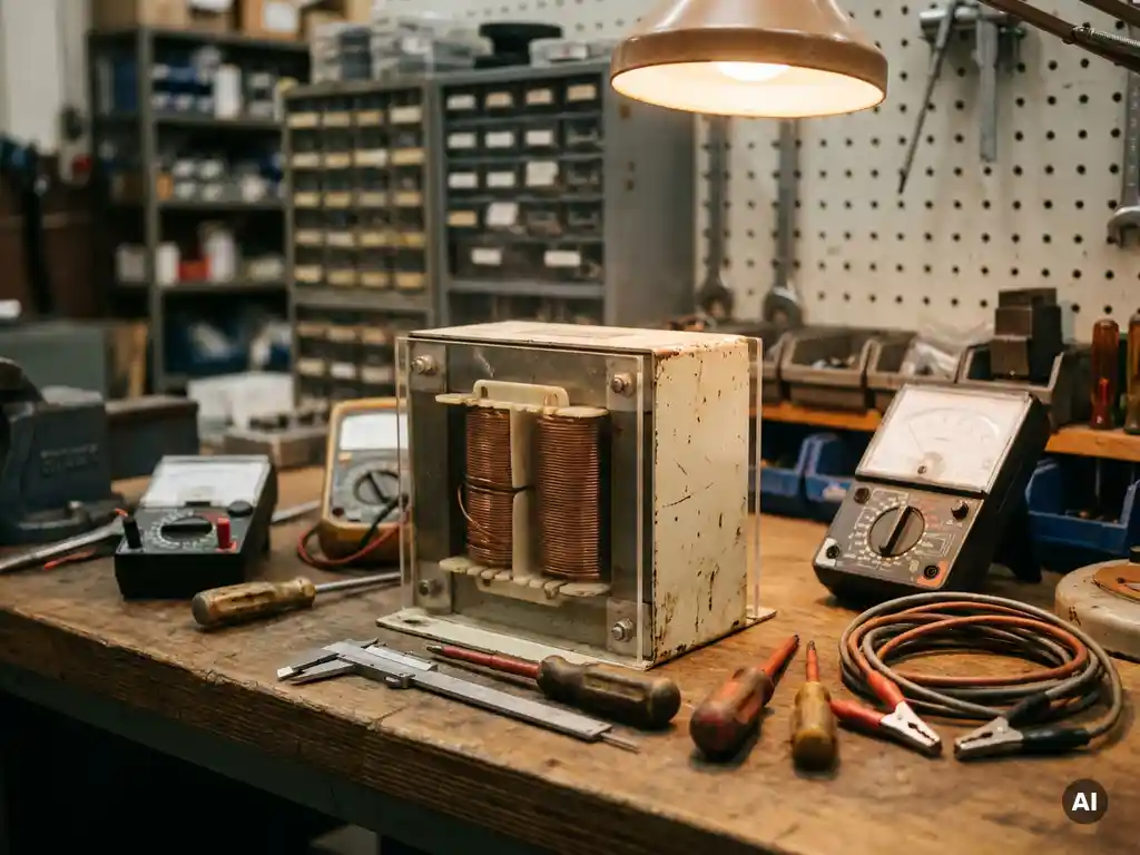 Veiligheidstransformator op werkbank met zichtbare koperen wikkelingen, omringd door precisiegereedschap en elektrische testapparatuur.