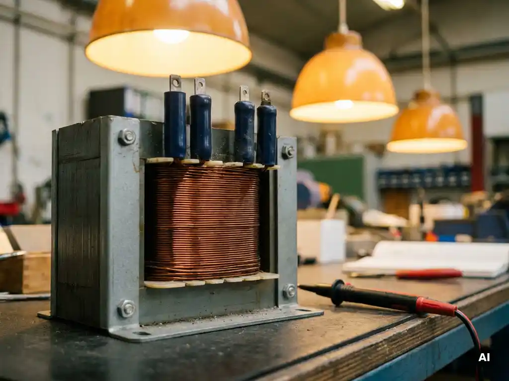 Veiligheidstransformator met koperen wikkelingen en geïsoleerde aansluitklemmen op een industriële werkbank, met een spanningsmeetsonde ernaast.