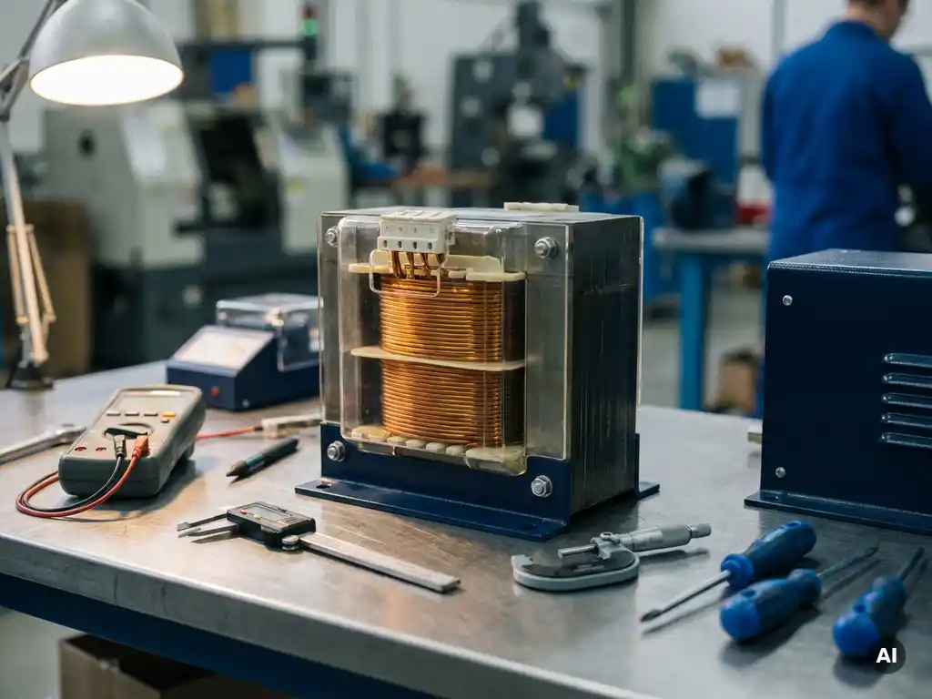 Veiligheidstransformator met zichtbare koperen wikkelingen op stalen werkbank, omringd door kalibratie-instrumenten in industriële werkplaats.