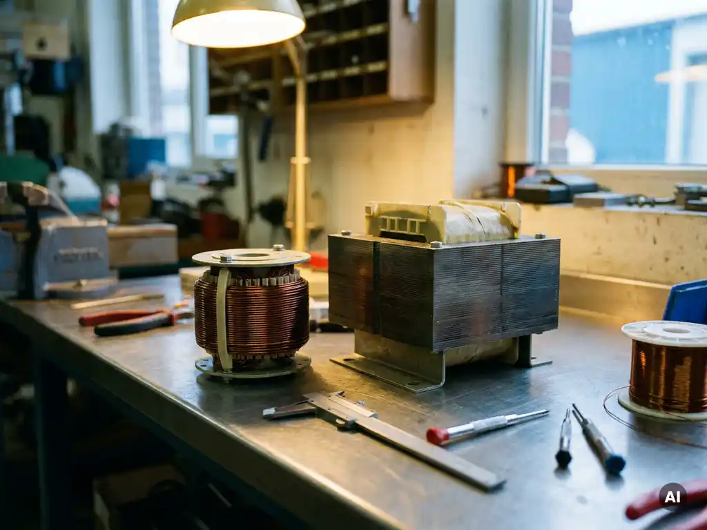 Veiligheidstransformator en vermogenstransformator naast elkaar op stalen werkbank, met zichtbare koperen wikkelingen en gelamineerde ijzerkern.